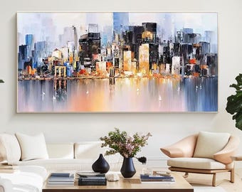 Arte de parede do horizonte de Seattle Paisagem urbana abstrata Pintura texturizada Arte de parede urbana moderna em azul e preto emoldurada Decoração de sala de estar azul marinho