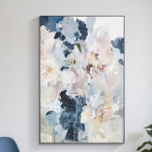 Navy and Beige Abstract Floral Wall Art – Extra Large Neutral Pastel Flower Canvas – Modern Textured Painting for Living Room Decor