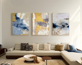 Set di 3 dipinti astratti su tela acrilica: blu, oro e grigio, arte murale con cornice
