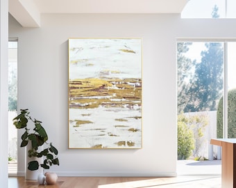 Pintura abstracta dorada sobre lienzo: arte de pared con marco extragrande