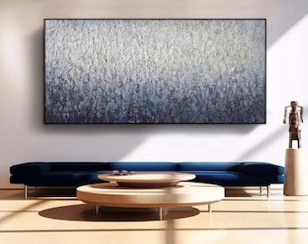 Quadro astratto da parete blu navy e beige, moderno e materico, di grandi dimensioni, per l'arredamento del soggiorno.