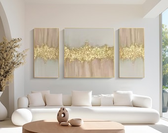 Set of 3 Abstract Blush Pink Gold wall art 3D Textured painting Beige canvas wall art Framed Extra Large Gold Wall Art, living room decor