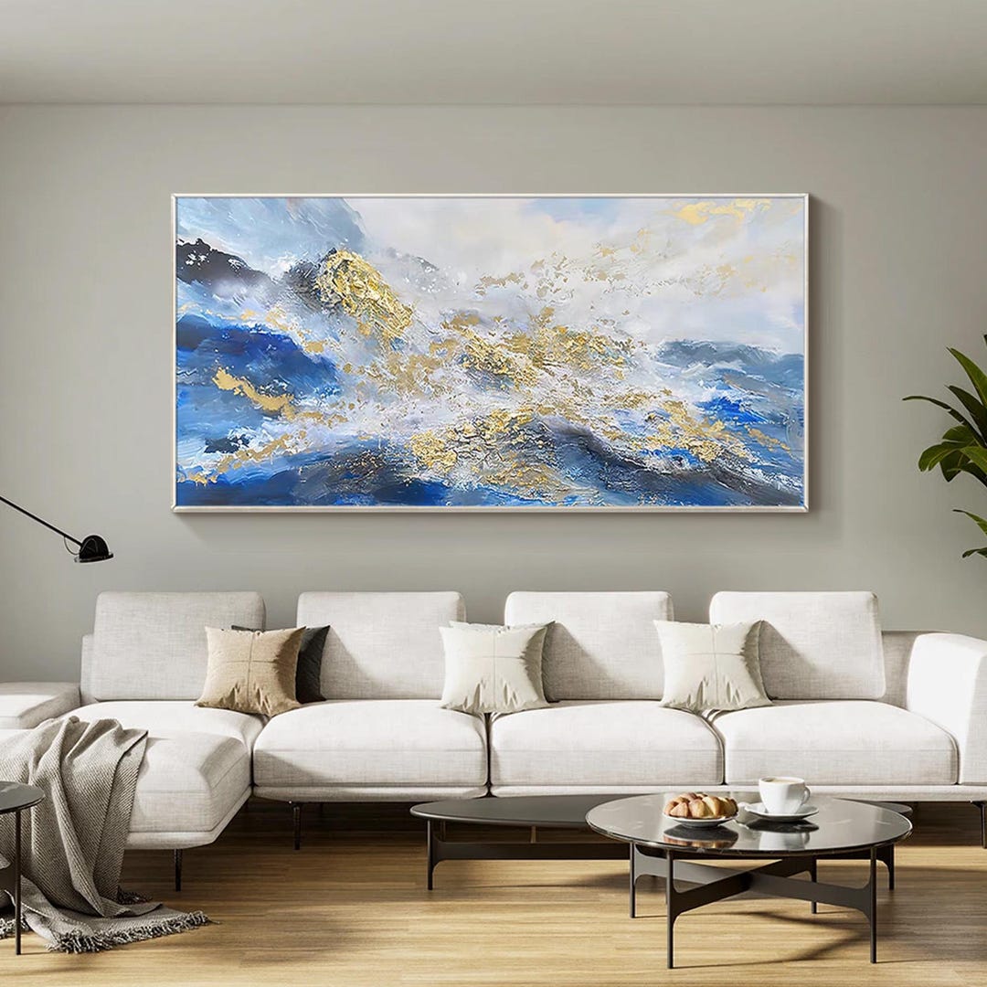 Abstract Blue Gold Textured Painting Modern Canvas Wall Art Landscape ...