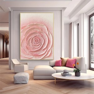Pink Flower Wall art Abstract Textured painting Extra Large Floral Painting minimalist Pink plaster wall art  framed  living room decor