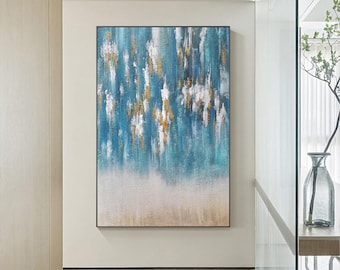 Blue and Gold Abstract Painting 3D textured  canvas wall art Framed painting Contemporary Wall Art living room Decor