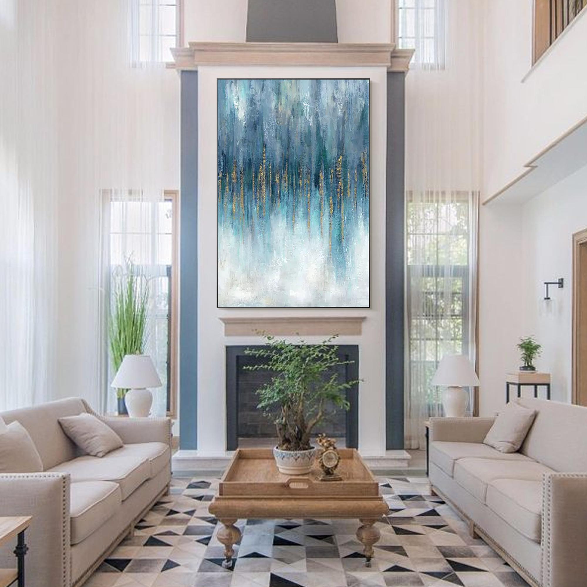 Blue and Gold Abstract Canvas Painting: Modern Living Room Wall Art - Etsy