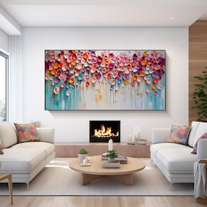 Colorful Blooming Flower Painting Abstract Floral Tree Canvas Painting,Textured Art, Extra Large Wall Art framed living room decor