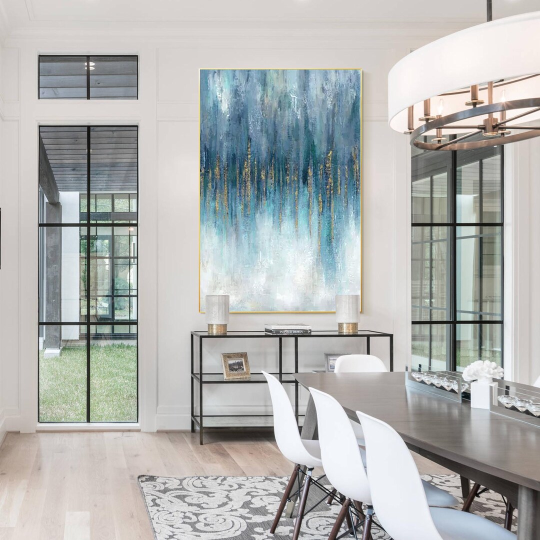 Blue and Gold Abstract Canvas Painting: Modern Living Room Wall Art - Etsy