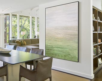 Sage green Abstract Wall art Sunrise Painting Extra Large Green art Beige foggy painting Textured painting enter hall  living room decor