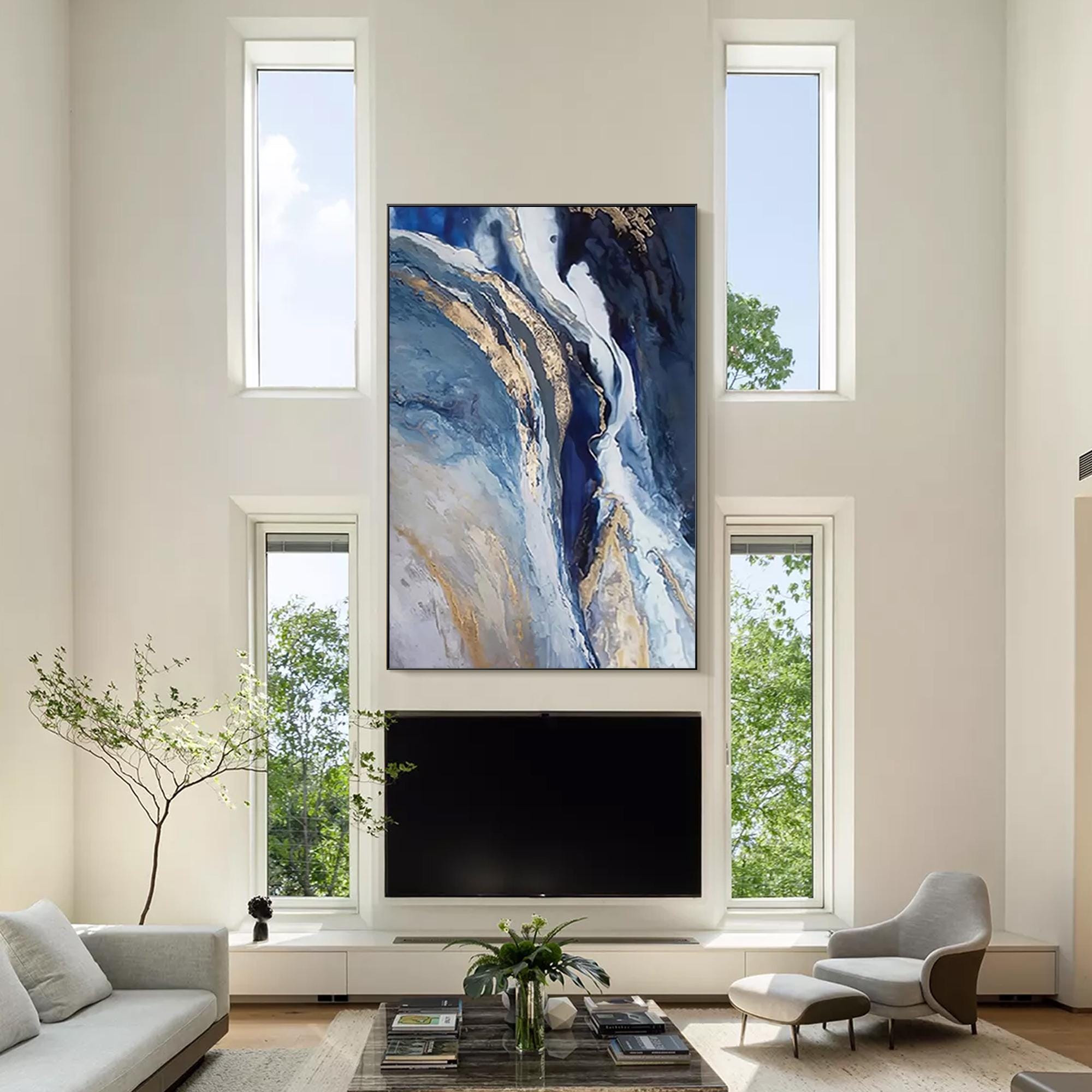Navy Blue and Gold Wall Art Abstract Blue Beige Painting Extra Large ...