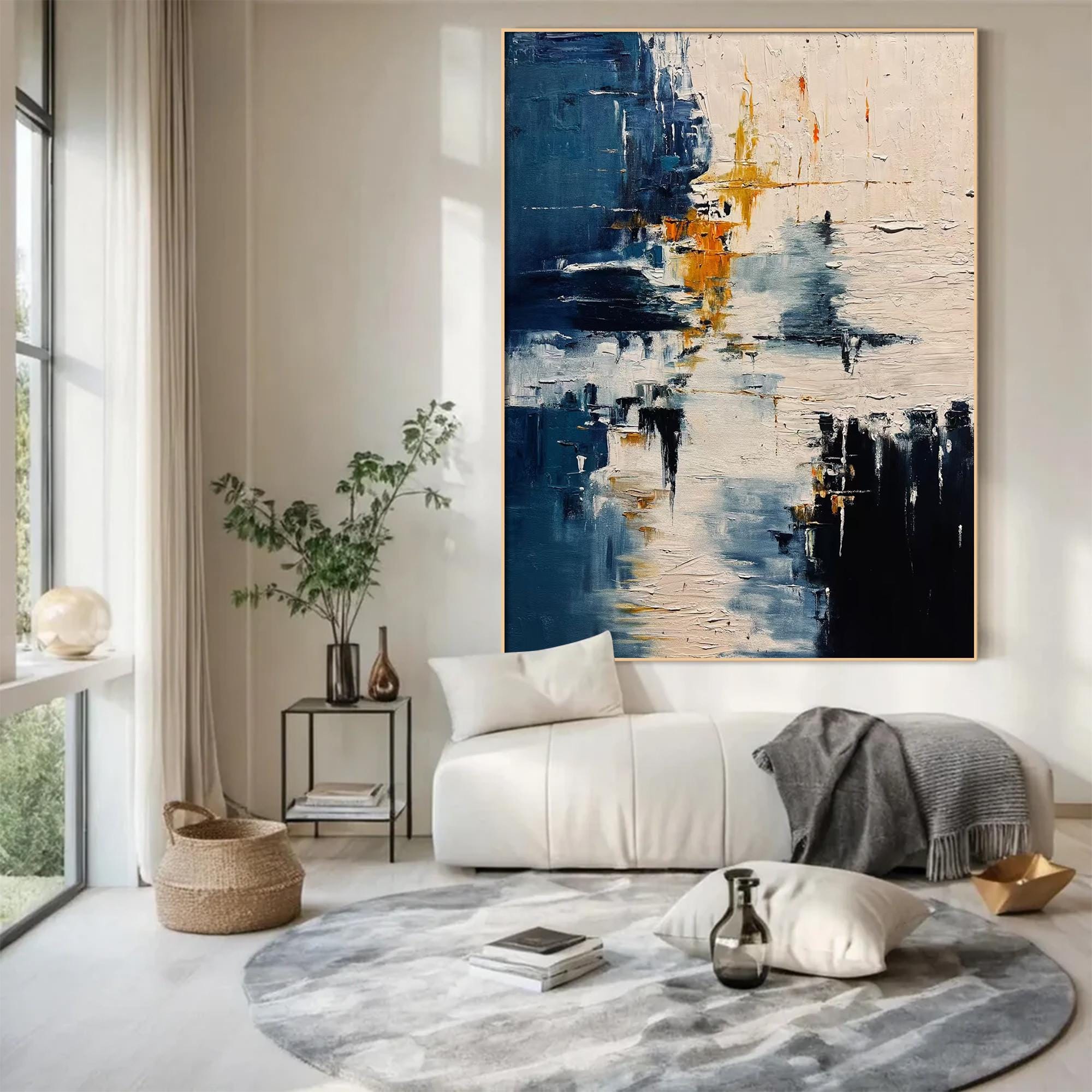 Navy Blue Abstract Wall Art Textured Painting Original Large Beige ...