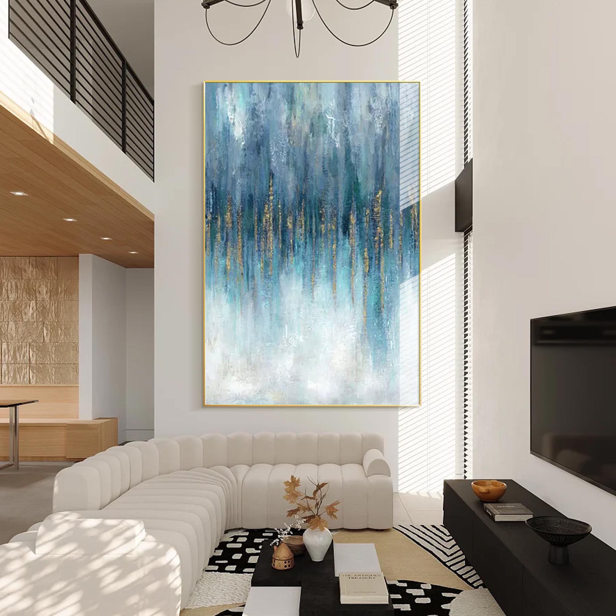 Blue and Gold Abstract Canvas Painting: Modern Living Room Wall Art - Etsy