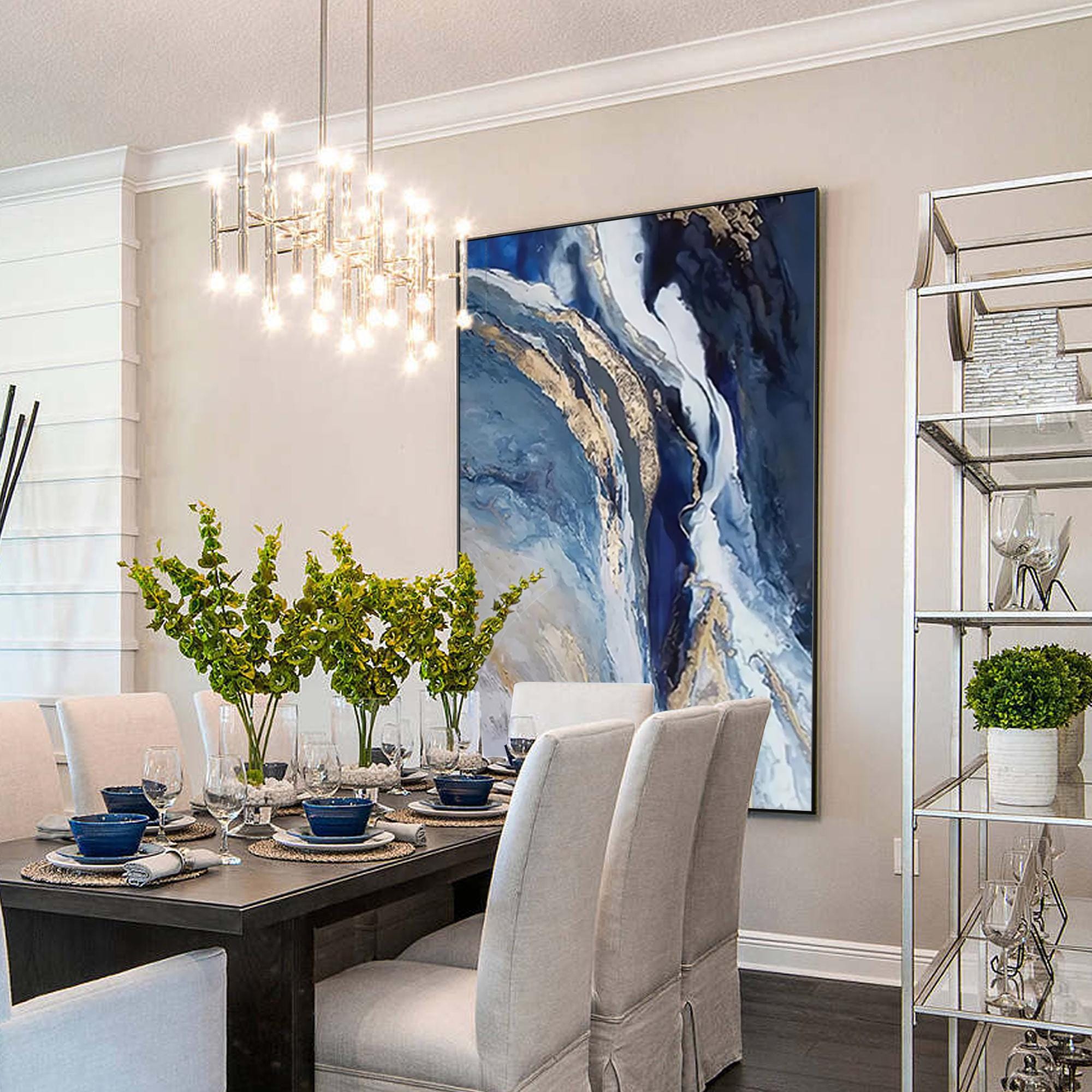 Navy Blue and Gold Wall Art Abstract Blue Beige Painting Extra Large ...