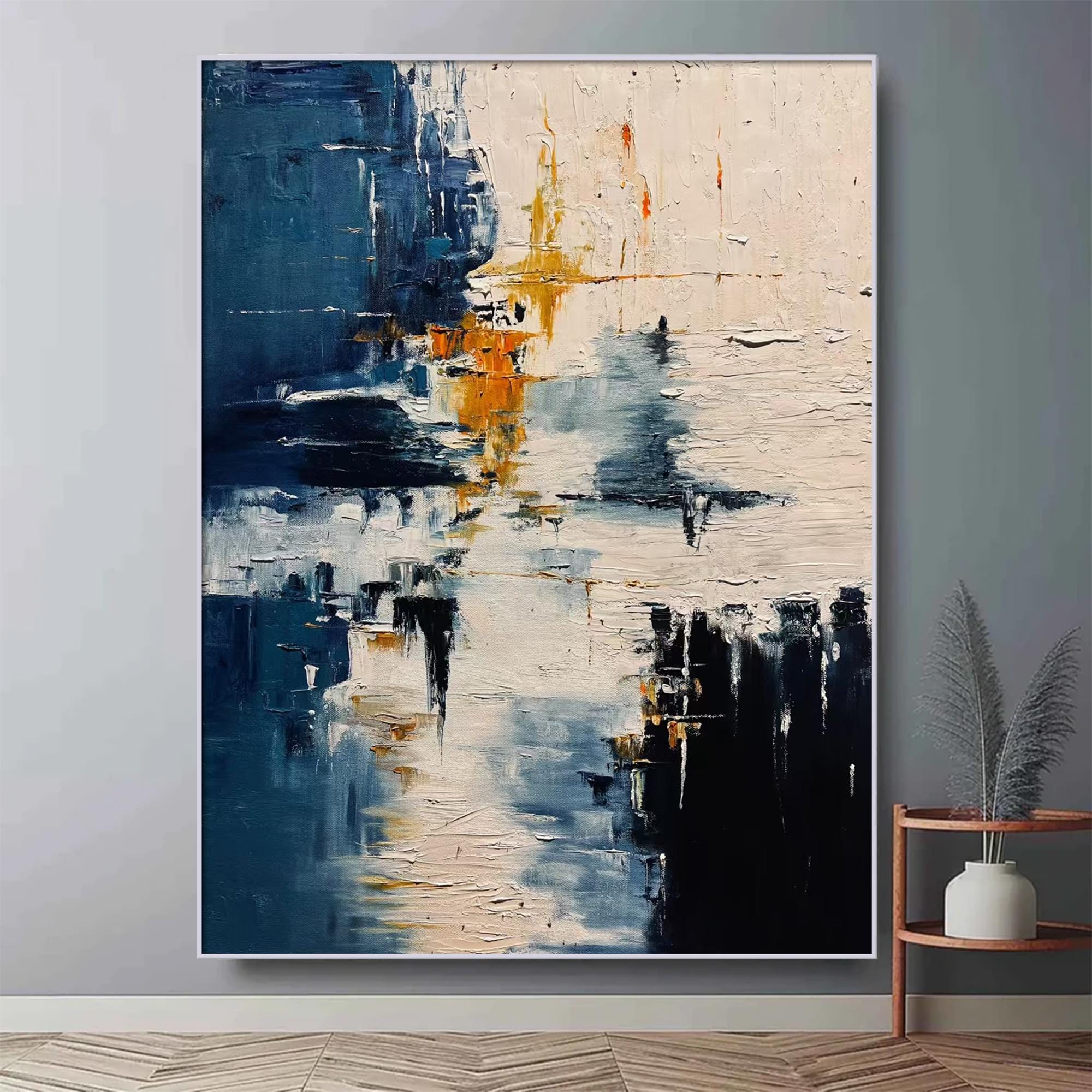 Navy Blue Abstract Wall Art Textured Painting Original Large Beige ...