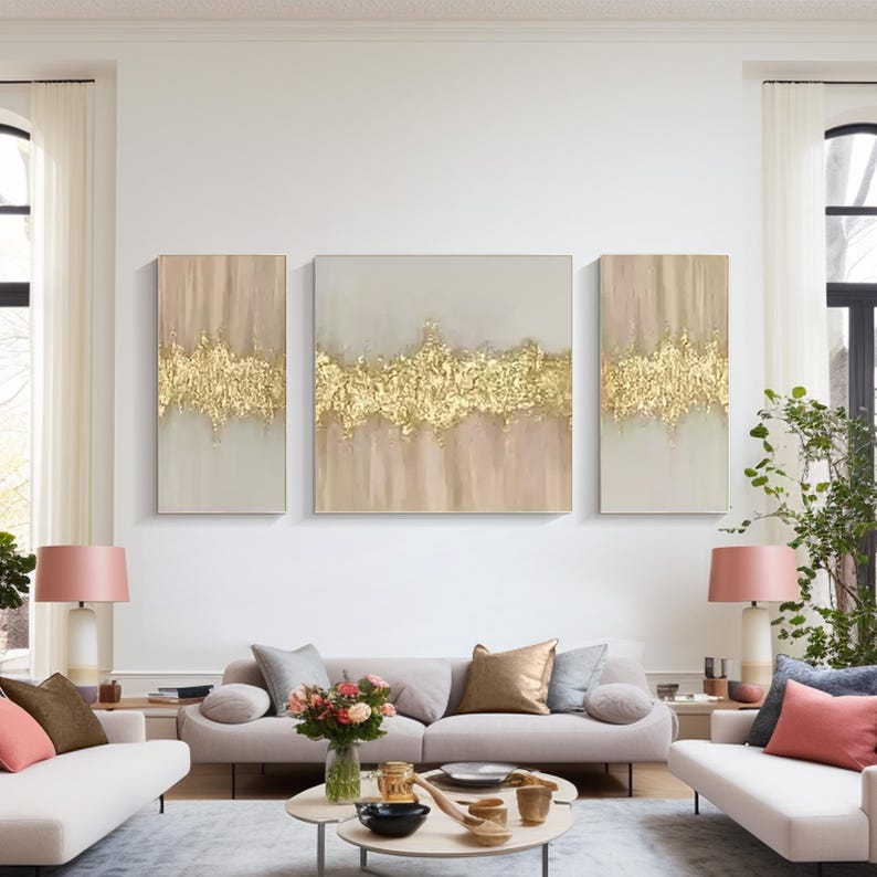 Abstract Gold Textured Painting Set: Blush Pink Beige Canvas Wall Art ...
