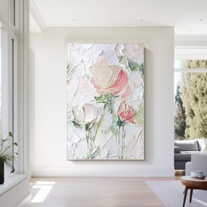 Pink Flower Wall art Abstract Textured painting Extra Large Green Floral Painting Pink White Blooming wall art  framed  living room decor