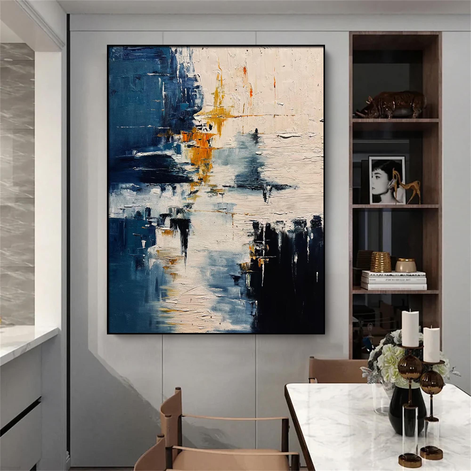 Navy Blue Abstract Wall Art Textured Painting Original Large Beige ...