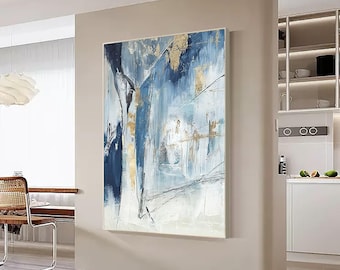 Arte abstracto en lienzo azul y dorado: pintura enmarcada extragrande