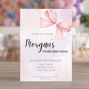 Rosa Aquarell Schleifen-Geburtstags-Einladung: Bearbeitbare Mädchen-Party einladen (Digitaler Download)
