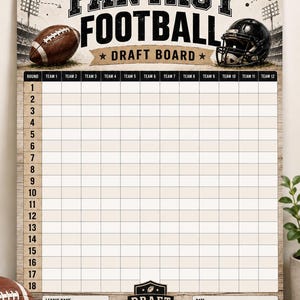 May include: A large rectangular fantasy football draft board featuring a grid for 12 teams and 18 rounds. The top displays the text FANTASY FOOTBALL DRAFT BOARD with a football and helmet graphic. Includes fields for league name, date, and commissioner.