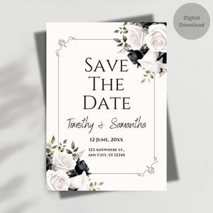 Elegant Black & White Rose Save the Date: Editable Wedding Invitation (Digital Download)