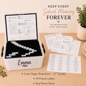 May include: A clear plastic storage bin with black hanging file folders, labeled with the name Emma mae. Includes printed school memory forms for grades, a sheet of 40 precut labels, and text reading KEEP EVERY School Memory FOREVER.