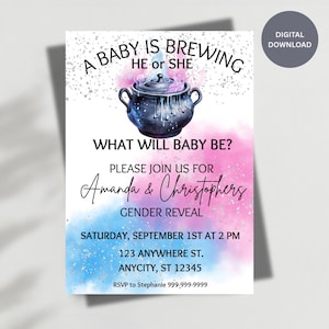Editable gender reveal invitation invitations, A Baby Is Brewing Gender Reveal Party Invitation, Gender Reveal Invitations, He or She Invite