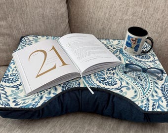 Large White and Blue Paisley Lap Desk with Denim Pillow and Left Side Pocket