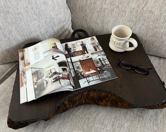 Large Walnut Stained Lap Desk with Brown Batik Pillow and Right Side Pocket