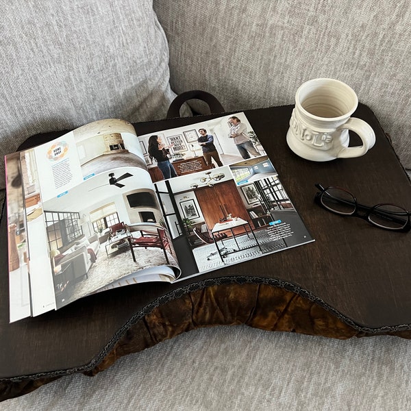 Large Walnut Stained Lap Desk with Brown Batik Pillow and Right Side Pocket