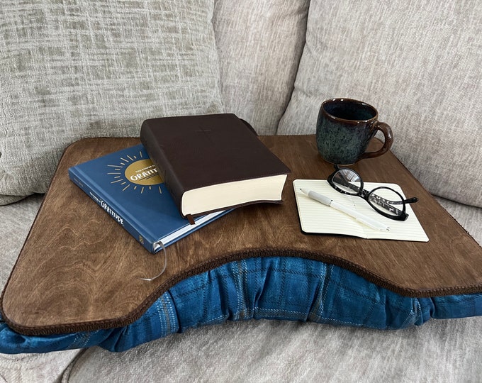 Large Chestnutstained Lapdesk With Blue Plaid Print Pillow and Pocket