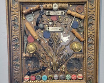 Larry Linhardt Original Assemblage Art, Bottle Caps Plus Mixed Media, Vintage Breweriana Bar & Tavern Wall Sculpture, Sedona Estate