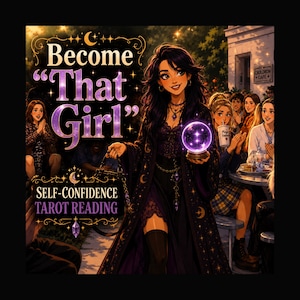 May include: An illustration of a woman in a dark purple dress holding a glowing crystal ball. The text reads "Become 'That Girl'" and "Self-Confidence Tarot Reading". Other people are seated at tables in the background.