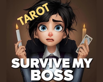 May include: A digital illustration of a character with dark hair and blue eyes holding a lit candle and a tarot card. The text TAROT SURVIVE MY BOSS is displayed in bold yellow and white lettering against a dark brown background.