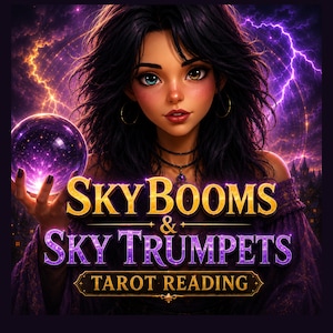 May include: A digital illustration featuring a person with dark hair and heterochromia holding a glowing purple crystal ball. The text reads SKY BOOMS & SKY TRUMPETS TAROT READING against a backdrop of purple lightning and a dark night sky.