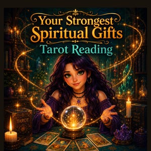 May include: A digital illustration featuring a person with long dark purple hair wearing a purple top, positioned behind a glowing crystal ball and tarot cards. The text reads Your Strongest Spiritual Gifts Tarot Reading and Trust Your Magic.