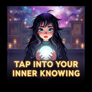 May include: Digital illustration of a woman with long black hair and blue eyes holding a glowing orb. The background features a starry night sky, bookshelves, and lit candles. Text reads "TAP INTO YOUR INNER KNOWING."