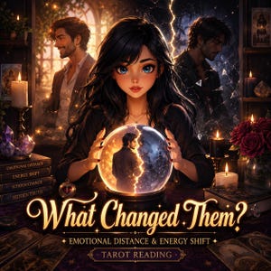 May include: An illustration of a woman holding a crystal ball with a man inside, with the text "What Changed Them?" and "Tarot Reading". The image has a mystical theme, with candles, books, and other objects associated with fortune telling.