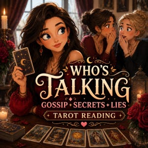Peut inclure: Illustration d'une scène de lecture de tarot. Une femme tient une carte de tarot avec un croissant de lune. Le texte indique "WHO'S TALKING" avec le sous-texte "GOSSIP + SECRETS + LIES + TAROT READING". Plusieurs cartes de tarot sont disposées sur une table en bois.
