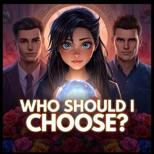 Könnte beinhalten: Digitale Illustration einer Frau, die eine leuchtende Kugel hält, flankiert von zwei Männern. Der Text "WHO SHOULD I CHOOSE?" ist über einem Rosenbett zu sehen. Das Kunstwerk hat ein romantisches Thema.