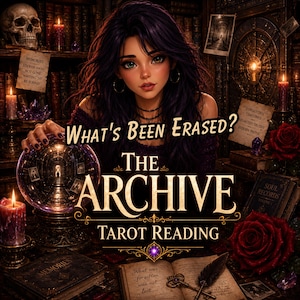 Könnte beinhalten: Eine digitale Illustration mit einer Person mit dunklem Haar hinter einer Kristallkugel, Kerzen und Büchern. Text: What's Been Erased? The Archive Tarot Reading. Enthält einen Totenkopf, rote Rosen, eine Feder und einen Schlüssel auf einem offenen Buch mit dem Text: What was forgotten was not lost.
