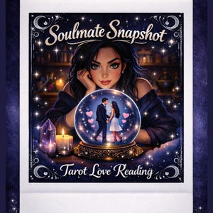 Op de afbeelding: Een illustratie met een vrouw die naar een kristallen bol kijkt met een stelletje erin, omringd door harten en sterren. De tekst "Soulmate Snapshot" en "Tarot Love Reading" worden weergegeven. Een brandende kaars en kristallen zijn ook zichtbaar.