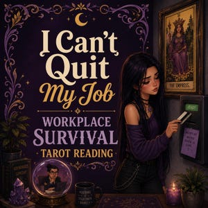 May include: Digital illustration featuring a woman with long black hair, holding a card near a machine. The image includes text: "I Can't Quit My Job WORKPLACE SURVIVAL TAROT READING." A tarot card reading theme is present, with a "The Empress" card visible.