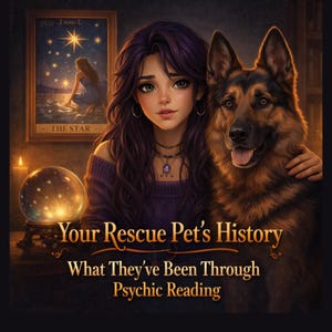 Puede incluir: Ilustración de una mujer con cabello morado y un perro pastor alemán. La imagen tiene un tema de lectura de tarot con una bola de cristal y el texto "Your Rescue Pet's History" y "Psychic Reading".
