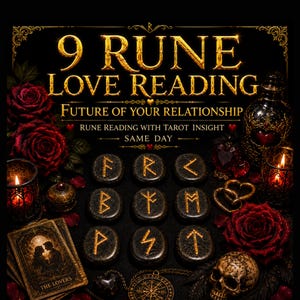 Puede incluir: Un gráfico digital con el texto 9 RUNE LOVE READING FUTURE OF YOUR RELATIONSHIP RUNE READING WITH TAROT INSIGHT SAME DAY. La imagen muestra nueve piedras negras con runas doradas, rosas rojas, velas, cartas de tarot y una calavera.
