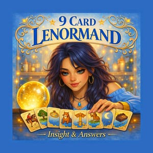 May include: A digital illustration of a woman with blue hair and a blue top, surrounded by tarot cards. The text "9 Card Lenormand" is at the top, with "Insight & Answers" at the bottom. A golden orb is in the background.