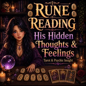 Puede incluir: Una ilustración digital que muestra a una persona con cabello largo y oscuro y una blusa morada, sentada frente a una bola de cristal, runas y cartas del tarot. El texto dice: RUNE READING His Hidden Thoughts & Feelings Tarot & Psychic Insight.