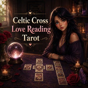 May include: An illustration of a tarot reading scene. The image features a woman, a crystal ball, tarot cards arranged in a Celtic Cross layout, and the text "Celtic Cross Love Reading Tarot". The scene is set on a purple table with candles and roses.