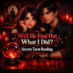 May include: Digital art of a couple with the text "Will He Find Out What I Did? Secrets Tarot Reading." A crystal ball sits on a table, surrounded by lit candles. The background features a silhouette of a person.