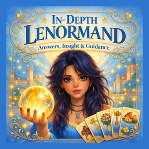 May include: An illustration of a woman with dark blue hair holding a glowing orb, with tarot cards in front. The image has the text "In-Depth Lenormand" and "Answers, Insight & Guidance" in gold lettering, set against a blue background with stars and a castle.